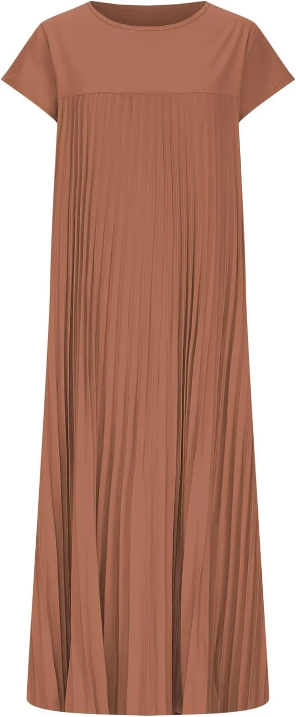Women's Plus Size Ruched Casual Midi Dress, Summer Short Sleeve Crewneck Vacation Clothes Loose Fit Breathable Dresses