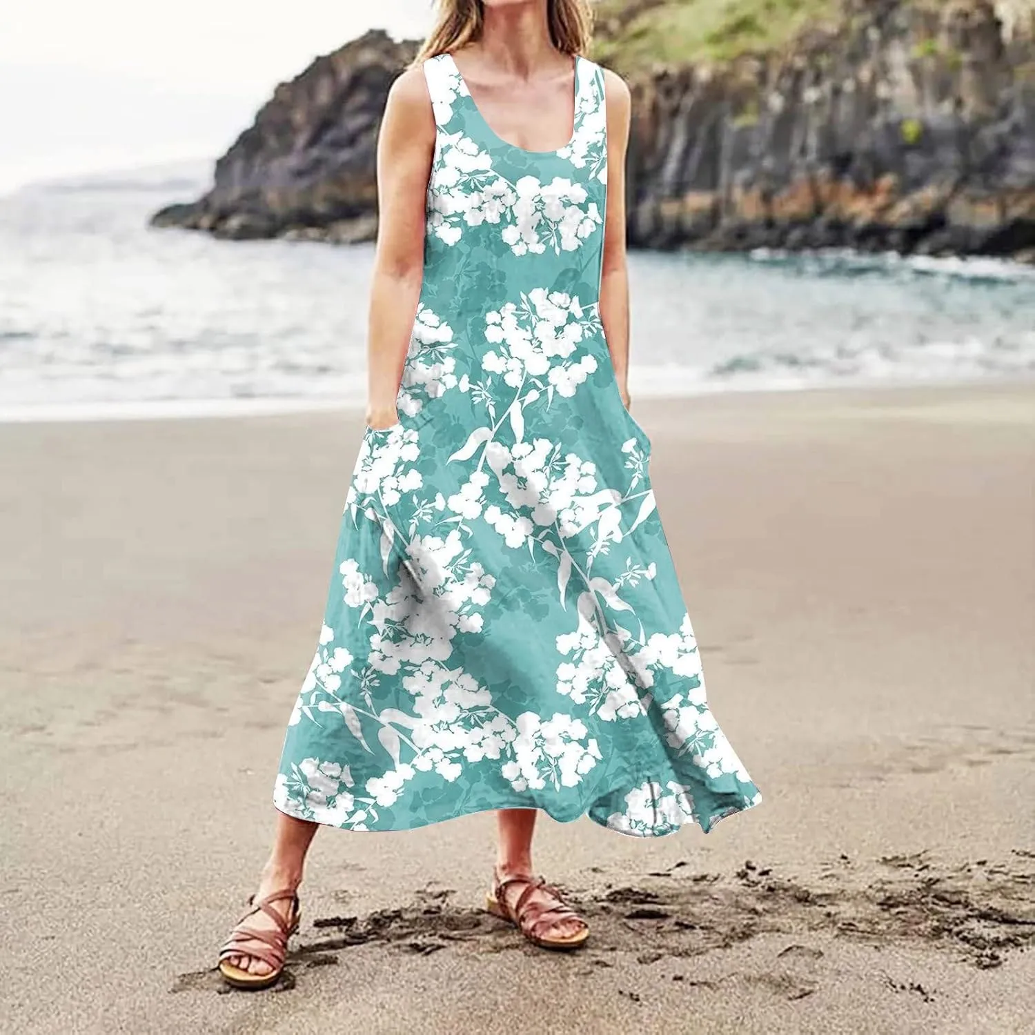 Womens Plus Size Summer Dresses 2025 Gradient Ombre Loose Casual Vacation Sleeveless Boho Tank Midi Pockets Sundresses