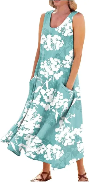 Womens Plus Size Summer Dresses 2025 Gradient Ombre Loose Casual Vacation Sleeveless Boho Tank Midi Pockets Sundresses
