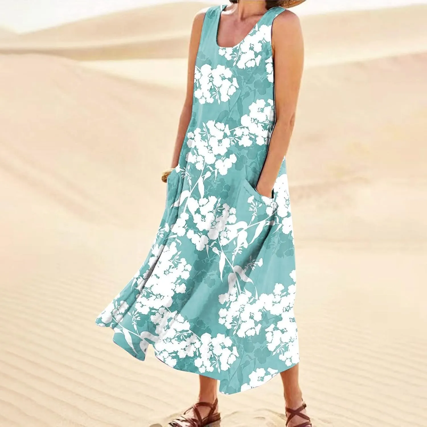 Womens Plus Size Summer Dresses 2025 Gradient Ombre Loose Casual Vacation Sleeveless Boho Tank Midi Pockets Sundresses