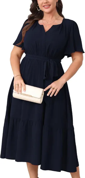 Womens Plus Size Wedding Guest Dresses Summer V Neck Short Sleeve Belted Ruffle Hem A-Line Flowy Midi Dress