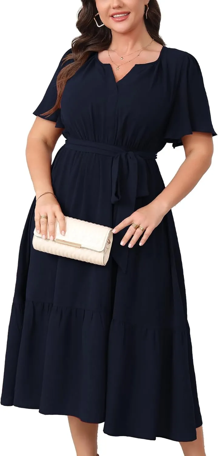 Womens Plus Size Wedding Guest Dresses Summer V Neck Short Sleeve Belted Ruffle Hem A-Line Flowy Midi Dress