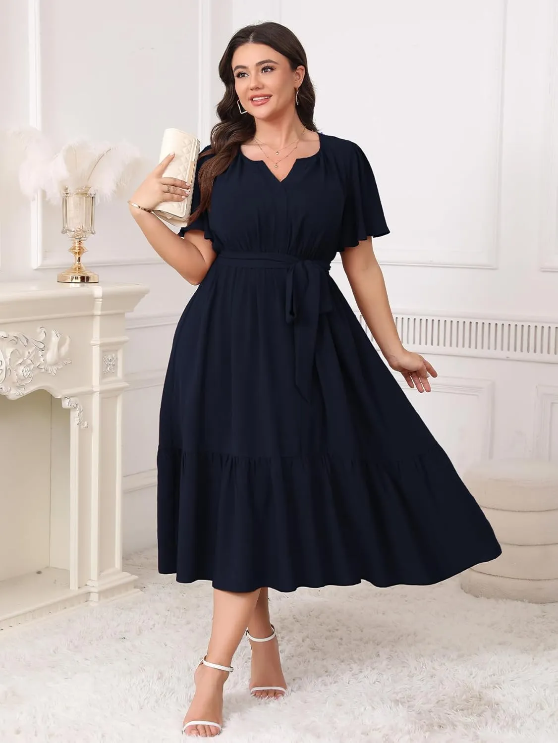 Womens Plus Size Wedding Guest Dresses Summer V Neck Short Sleeve Belted Ruffle Hem A-Line Flowy Midi Dress