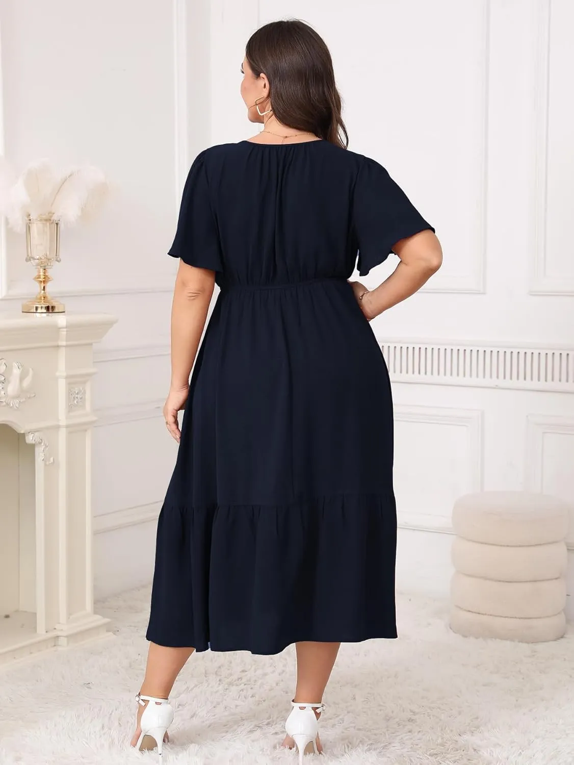 Womens Plus Size Wedding Guest Dresses Summer V Neck Short Sleeve Belted Ruffle Hem A-Line Flowy Midi Dress