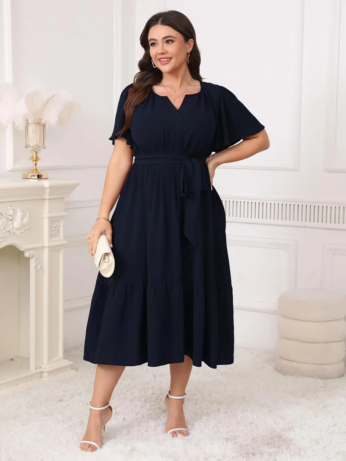 Womens Plus Size Wedding Guest Dresses Summer V Neck Short Sleeve Belted Ruffle Hem A-Line Flowy Midi Dress