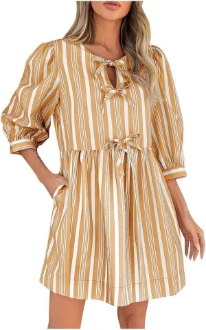 Women's Puff Sleeve Mini Dress Summer Casual Bow Tie Crewneck Striped Loose Flowy Beach Dresses Trendy 2025 Outfits