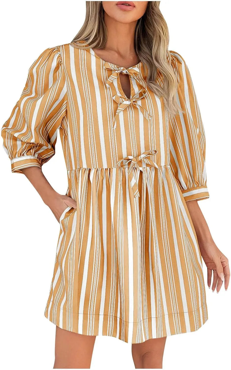 Women's Puff Sleeve Mini Dress Summer Casual Bow Tie Crewneck Striped Loose Flowy Beach Dresses Trendy 2025 Outfits