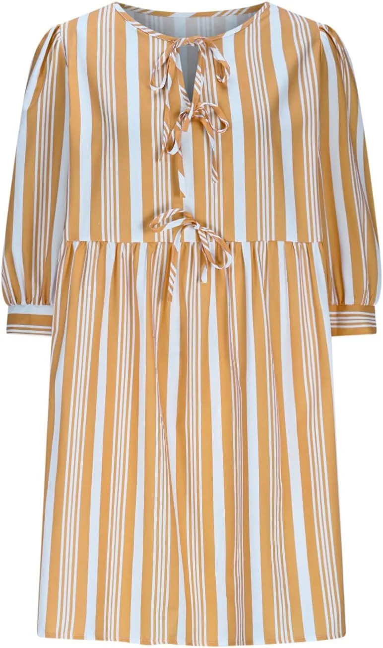 Women's Puff Sleeve Mini Dress Summer Casual Bow Tie Crewneck Striped Loose Flowy Beach Dresses Trendy 2025 Outfits