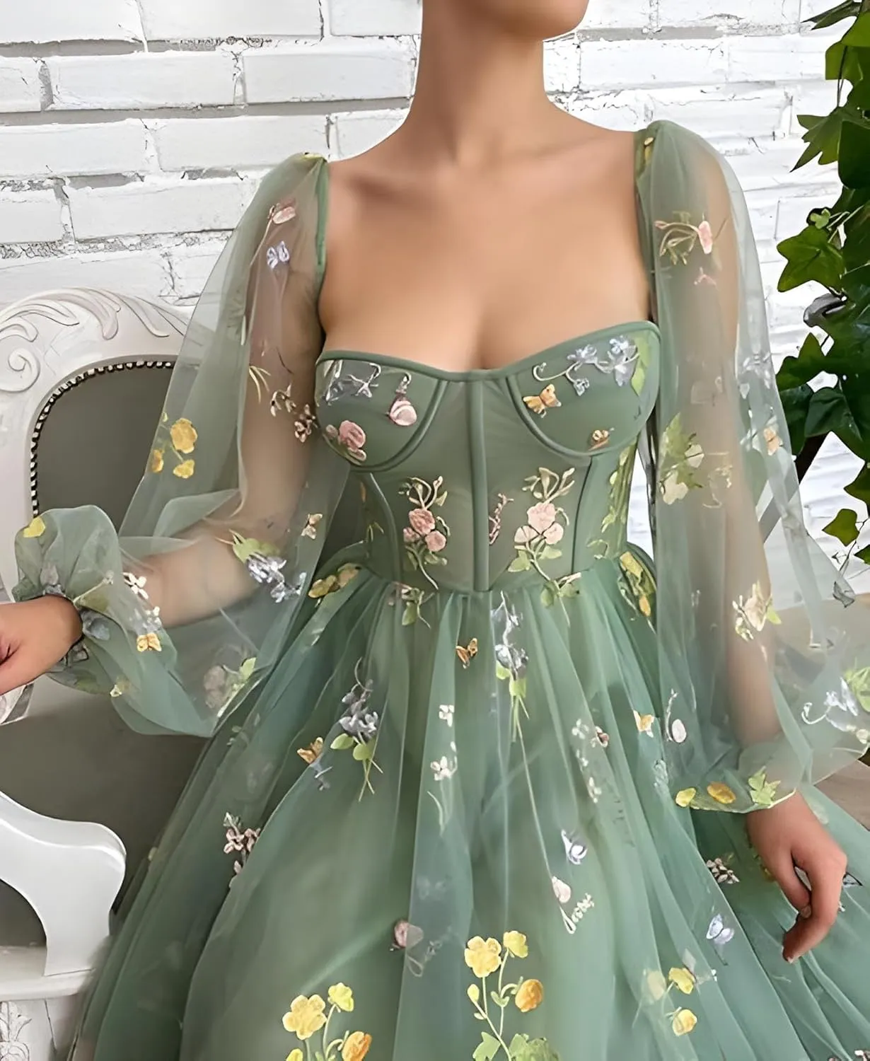 Women's Puffy Sleeve Prom Dresses Fair Flower Embroidery Tulle Green Formal Evening Party Gowns