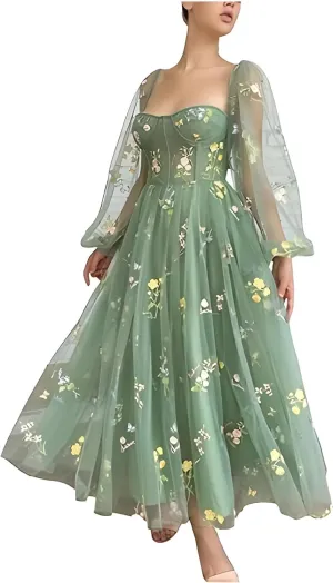 Women's Puffy Sleeve Prom Dresses Fair Flower Embroidery Tulle Green Formal Evening Party Gowns
