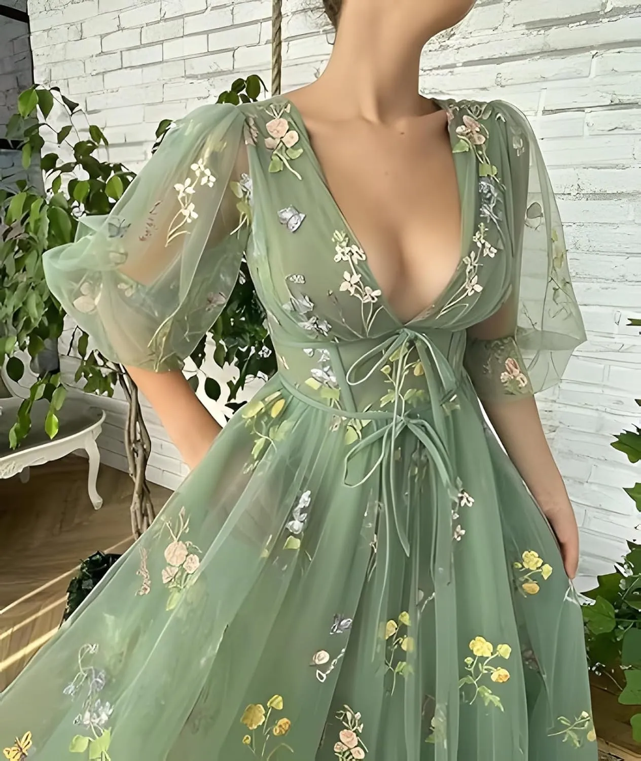 Women's Puffy Sleeve Prom Dresses Fair Flower Embroidery Tulle Green Formal Evening Party Gowns