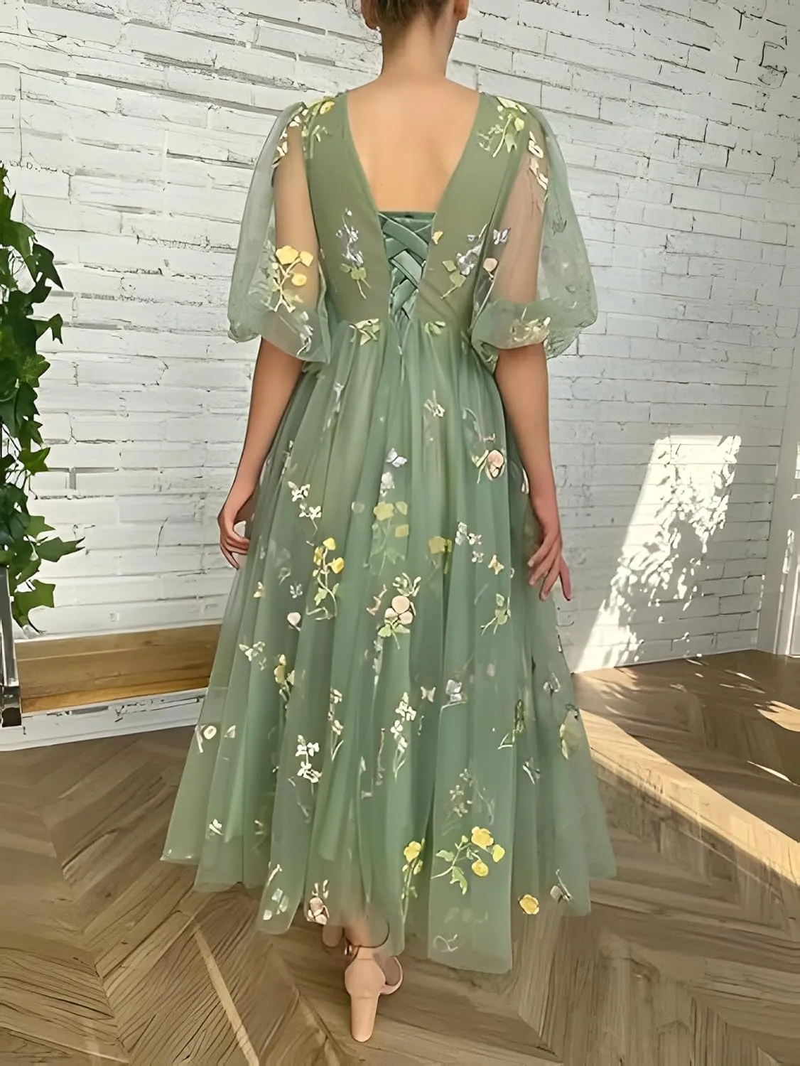 Women's Puffy Sleeve Prom Dresses Fair Flower Embroidery Tulle Green Formal Evening Party Gowns
