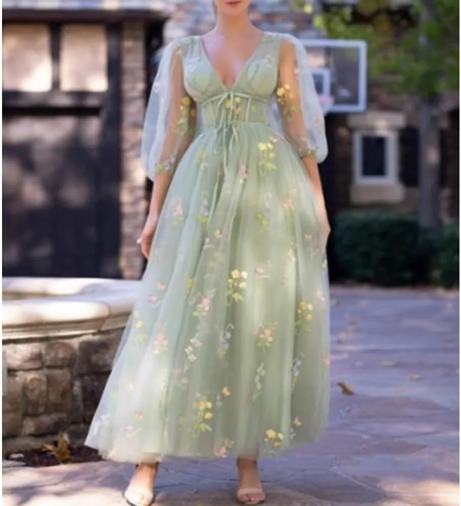 Women's Puffy Sleeve Prom Dresses Fair Flower Embroidery Tulle Green Formal Evening Party Gowns