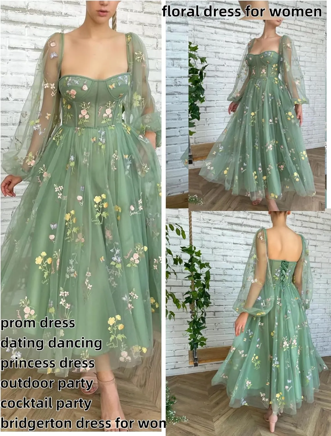 Women's Puffy Sleeve Prom Dresses Fair Flower Embroidery Tulle Green Formal Evening Party Gowns