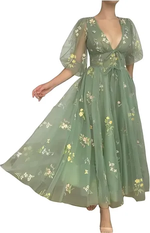 Women's Puffy Sleeve Prom Dresses Fair Flower Embroidery Tulle Green Formal Evening Party Gowns