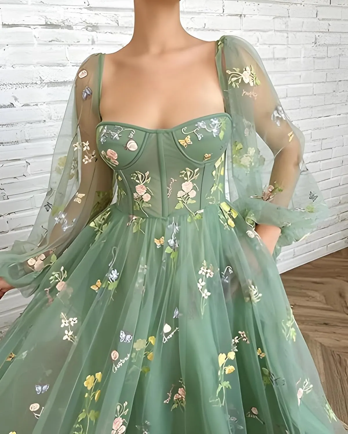 Women's Puffy Sleeve Prom Dresses Fair Flower Embroidery Tulle Green Formal Evening Party Gowns