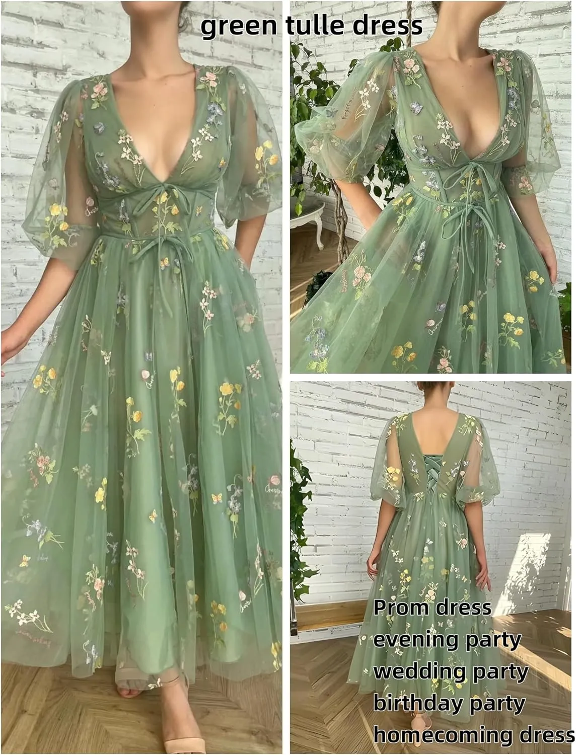 Women's Puffy Sleeve Prom Dresses Fair Flower Embroidery Tulle Green Formal Evening Party Gowns