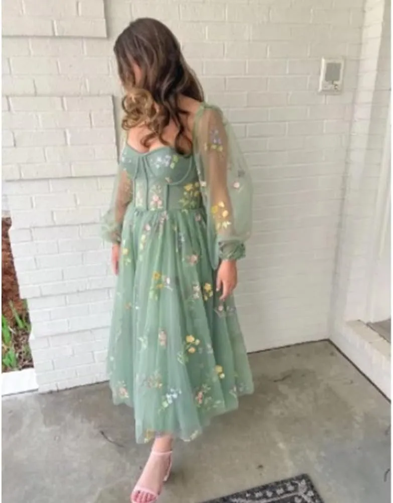 Women's Puffy Sleeve Prom Dresses Fair Flower Embroidery Tulle Green Formal Evening Party Gowns