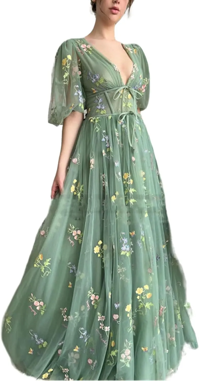Women's Puffy Sleeve Prom Dresses Fair Flower Embroidery Tulle Green Formal Evening Party Gowns