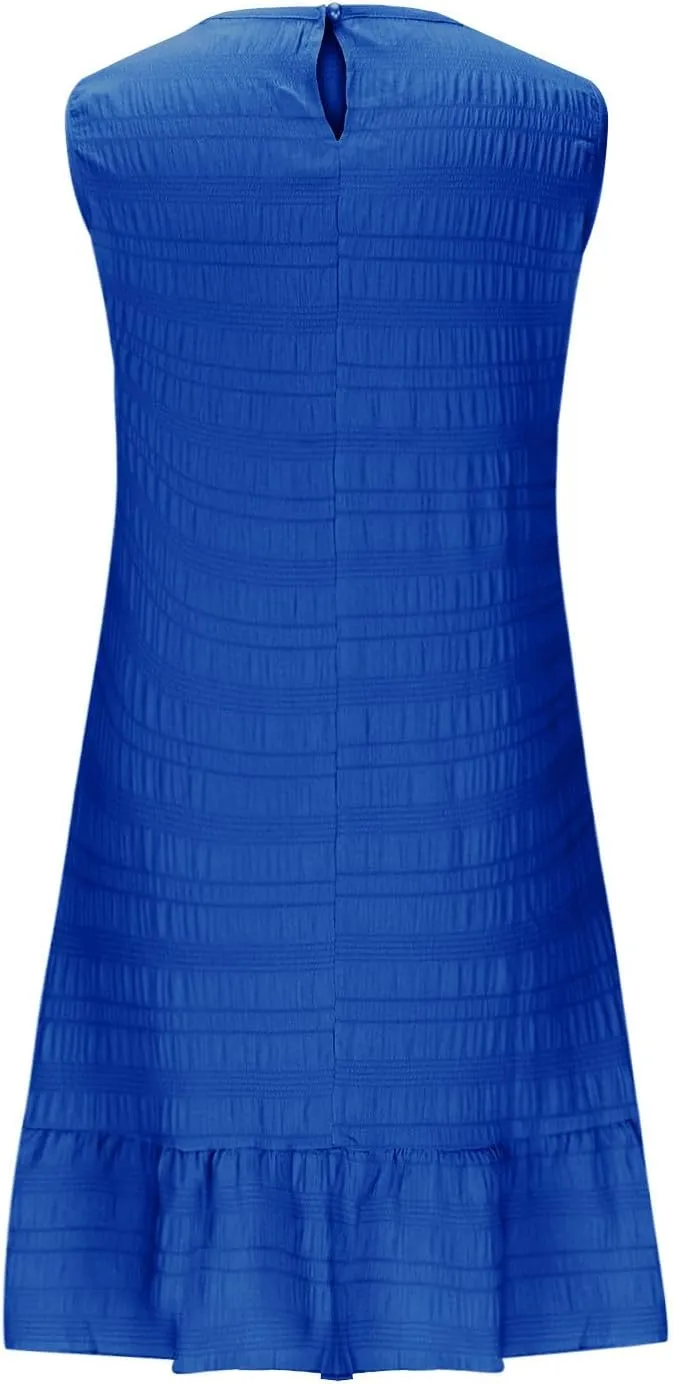 Women's Ruffle Hem Tank Dress Round Neck Sleeveless Casual Smocked Sundress 2025 Summer Trendy Mini Dresses