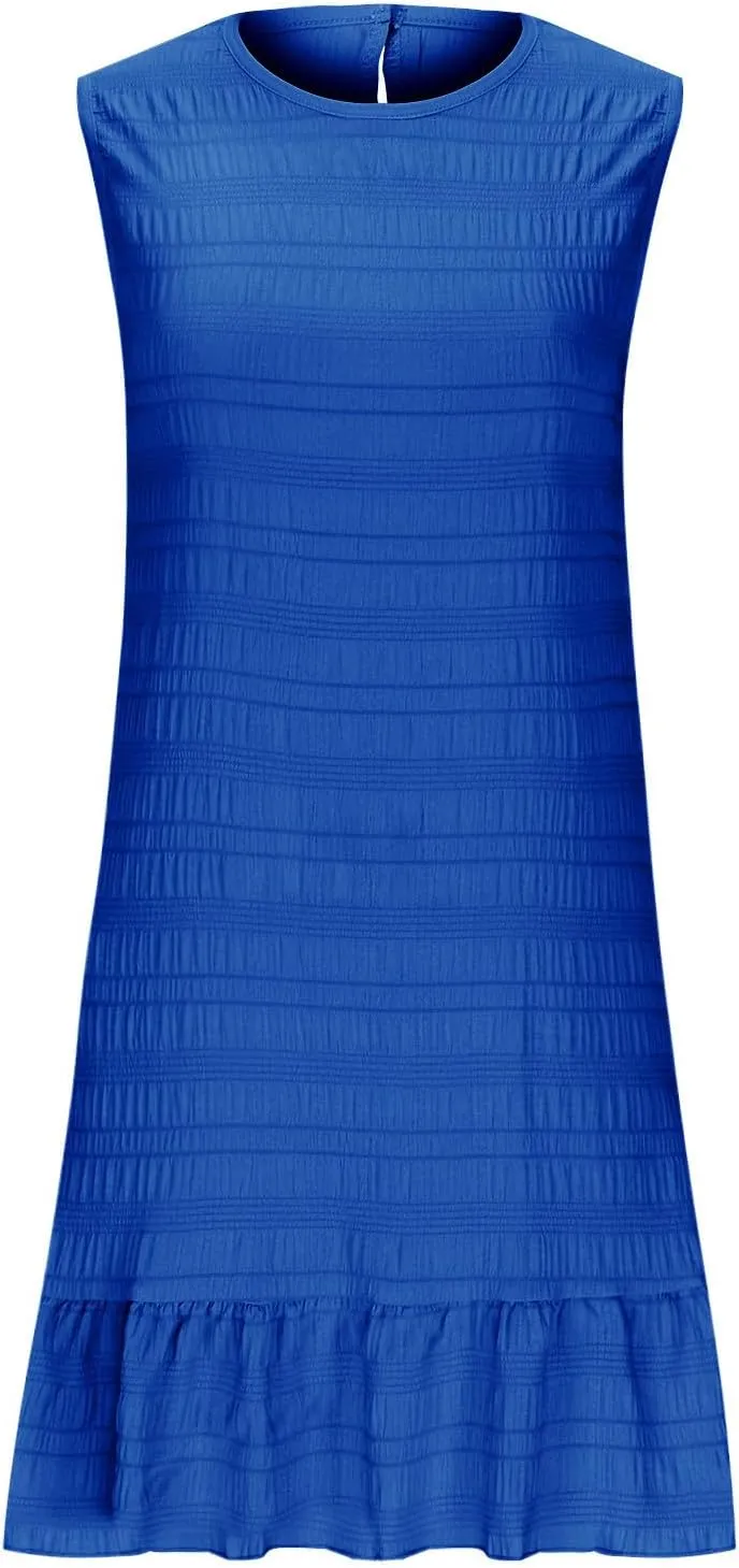 Women's Ruffle Hem Tank Dress Round Neck Sleeveless Casual Smocked Sundress 2025 Summer Trendy Mini Dresses