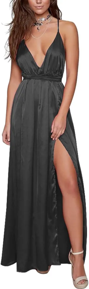 Women's Satin Formal Dress Sexy V Neck Backless Split Long Maxi Cocktail Party Wedding Guest Dress