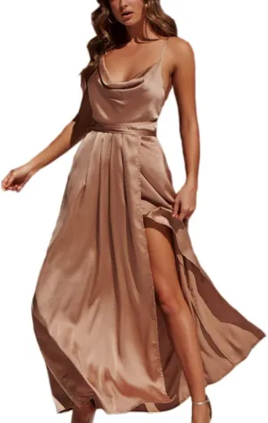 Women's Satin Formal Dress Sexy V Neck Backless Split Long Maxi Cocktail Party Wedding Guest Dress
