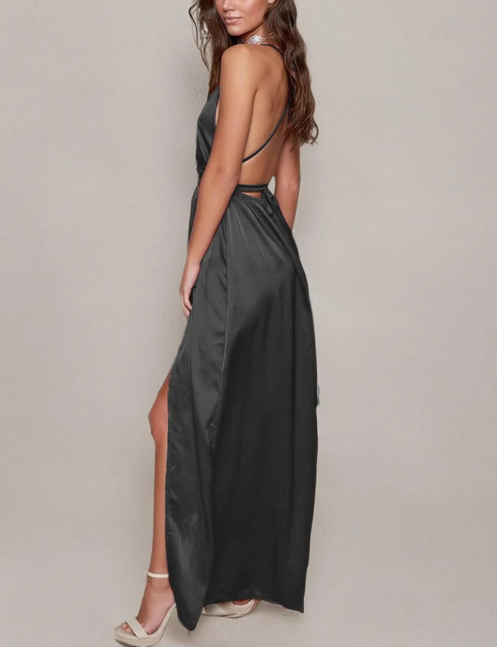 Women's Satin Formal Dress Sexy V Neck Backless Split Long Maxi Cocktail Party Wedding Guest Dress