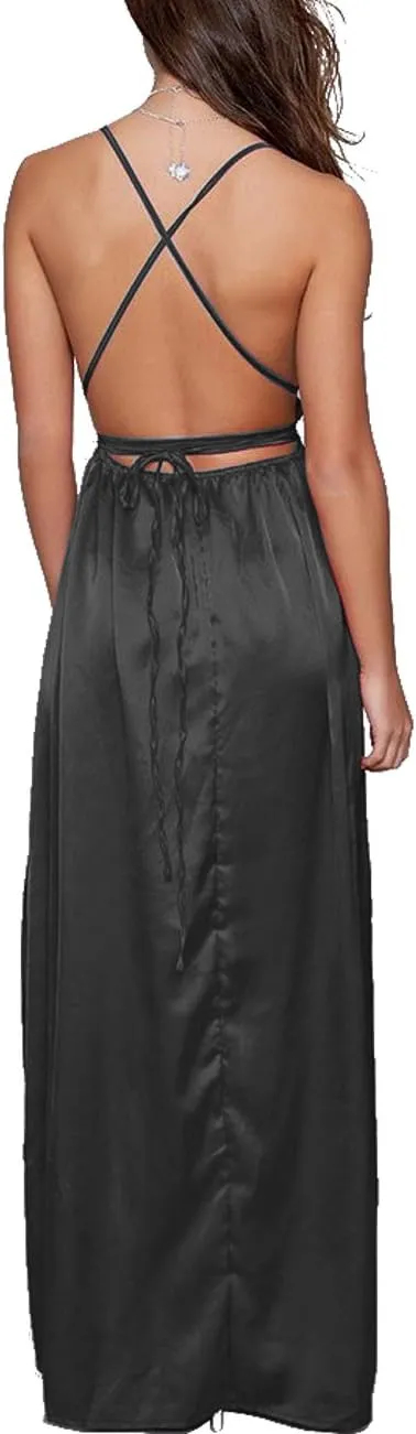 Women's Satin Formal Dress Sexy V Neck Backless Split Long Maxi Cocktail Party Wedding Guest Dress