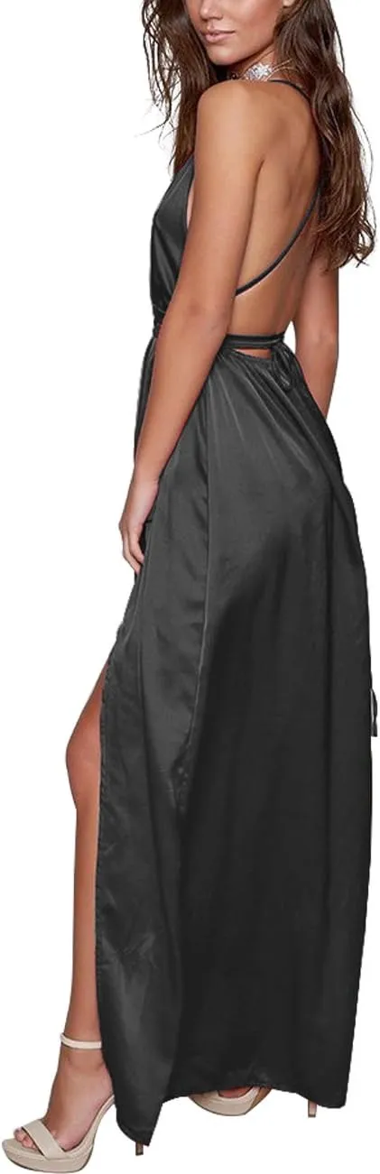 Women's Satin Formal Dress Sexy V Neck Backless Split Long Maxi Cocktail Party Wedding Guest Dress