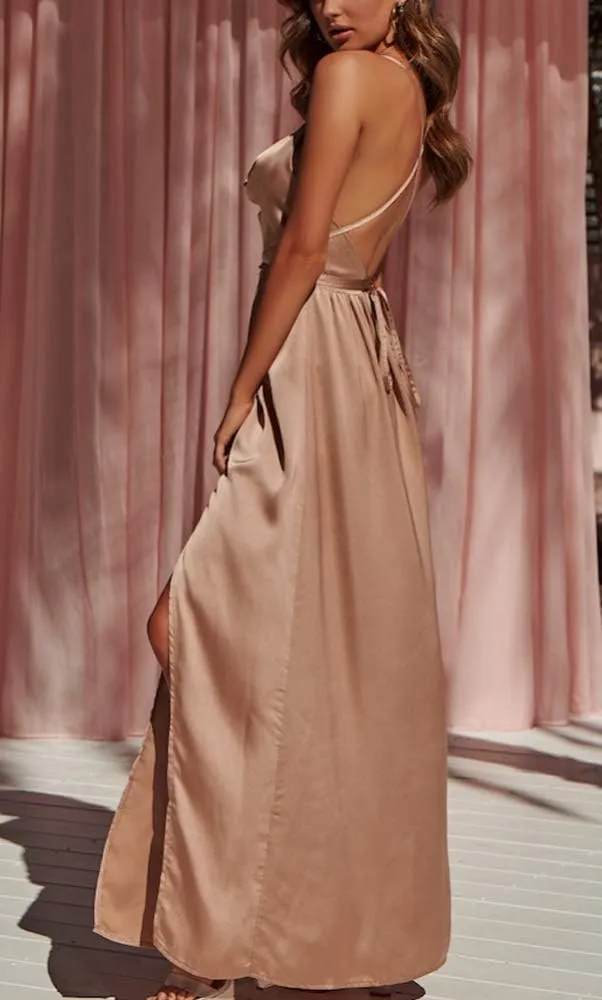 Women's Satin Formal Dress Sexy V Neck Backless Split Long Maxi Cocktail Party Wedding Guest Dress