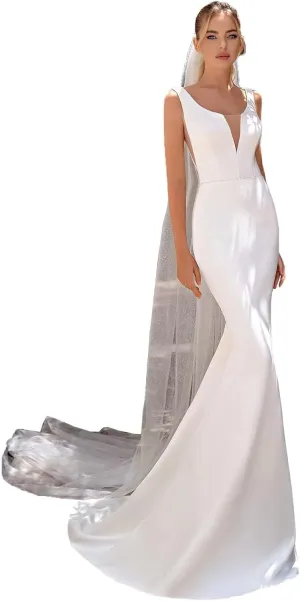 Women's Satin Long Simple Wedding Dress for Bride V Neck Bridal Dress for Women