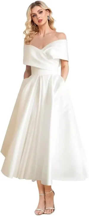 Women's Satin Long Simple Wedding Dress for Bride V Neck Bridal Dress for Women