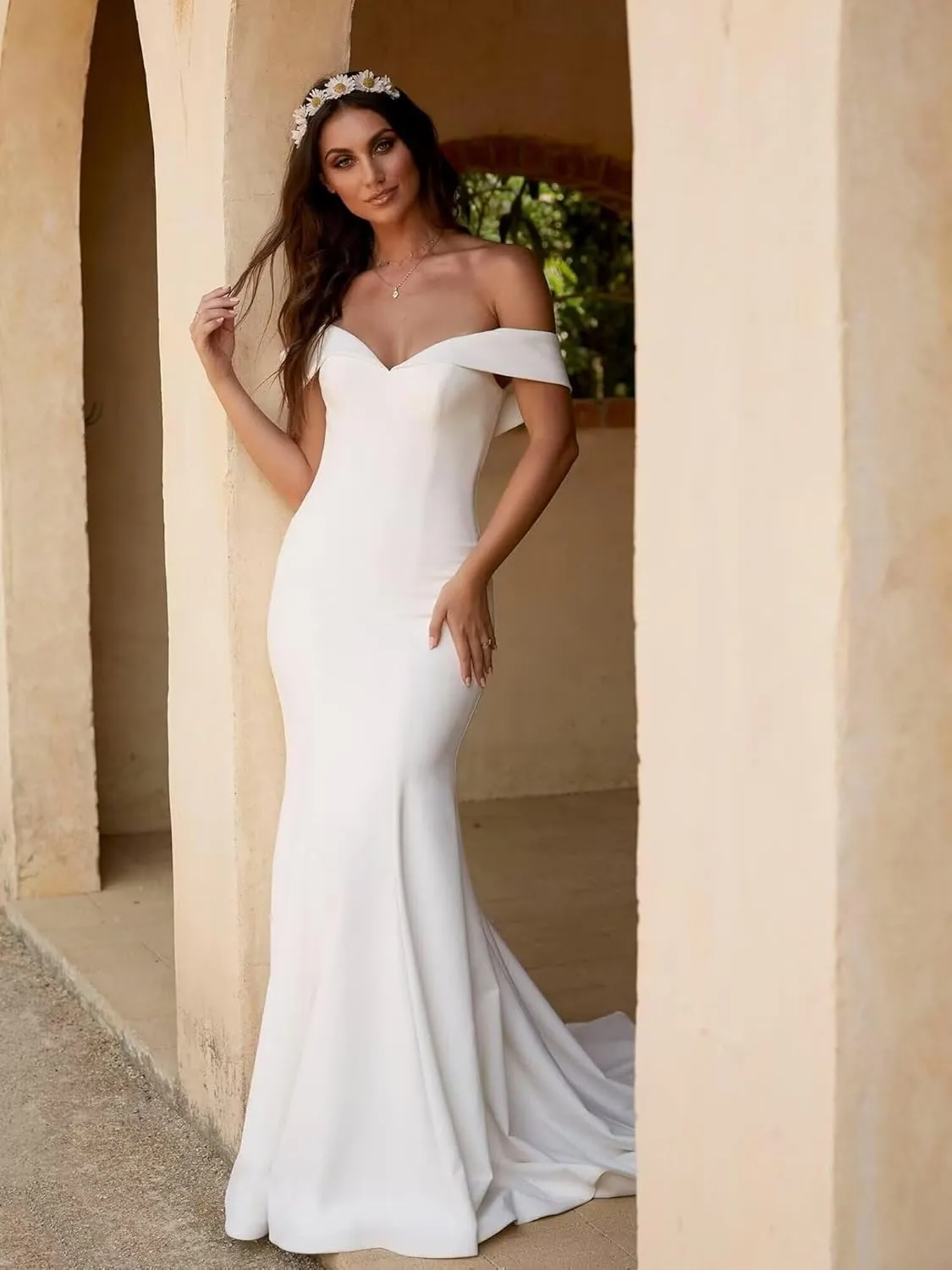 Women's Satin Long Simple Wedding Dress for Bride V Neck Bridal Dress for Women