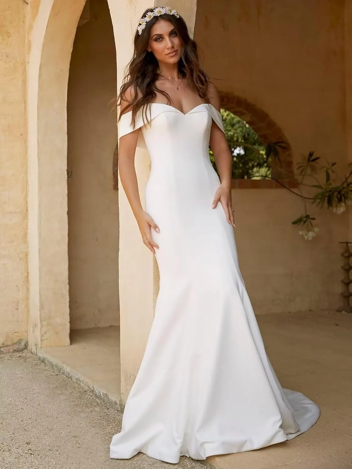 Women's Satin Long Simple Wedding Dress for Bride V Neck Bridal Dress for Women