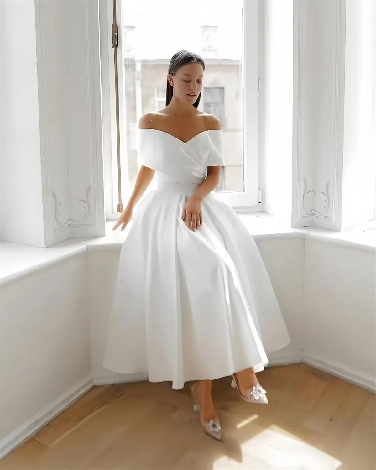 Women's Satin Long Simple Wedding Dress for Bride V Neck Bridal Dress for Women