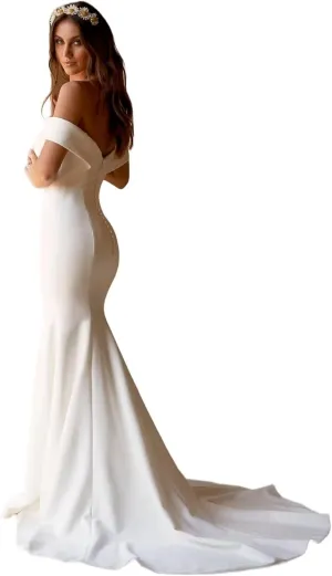 Women's Satin Long Simple Wedding Dress for Bride V Neck Bridal Dress for Women