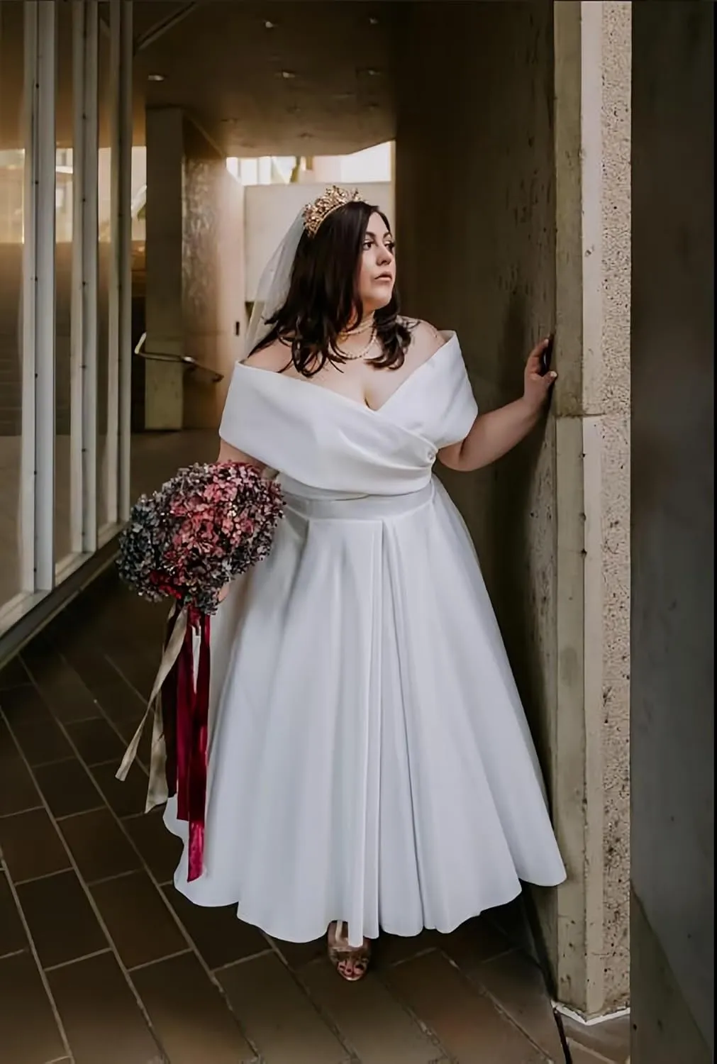 Women's Satin Long Simple Wedding Dress for Bride V Neck Bridal Dress for Women