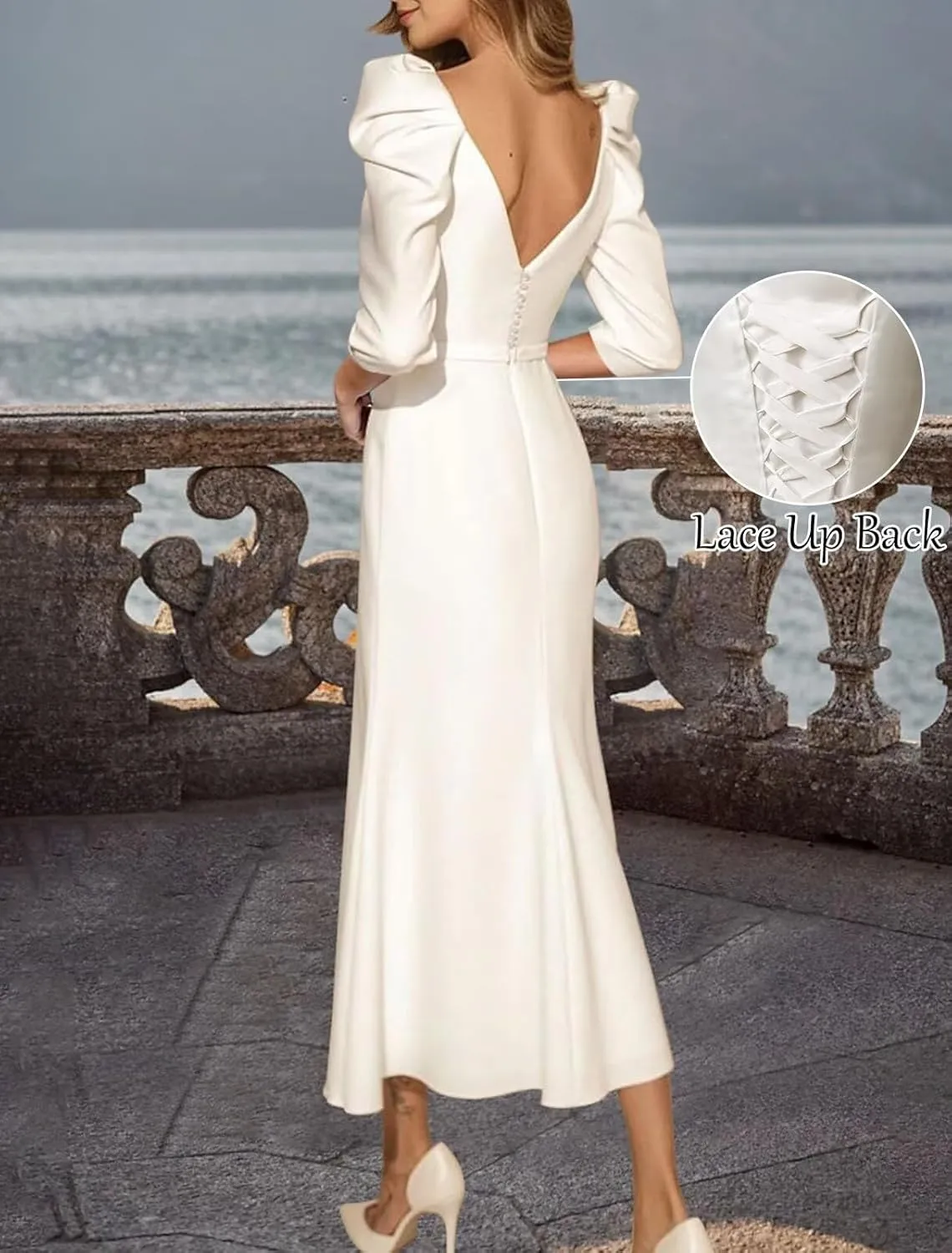 Women's Satin Tea Length Wedding Dress for Bride 3/4 Sleeves Sheath Square Collar Bridal Evening Party Dress