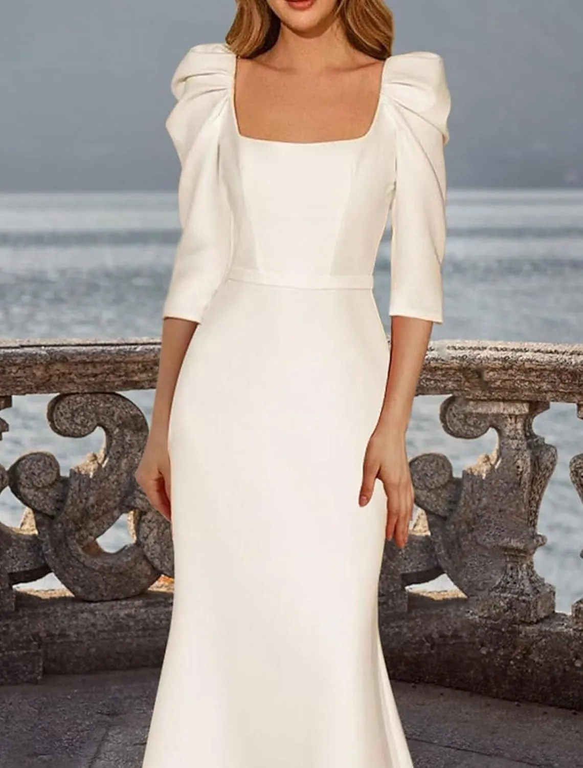 Women's Satin Tea Length Wedding Dress for Bride 3/4 Sleeves Sheath Square Collar Bridal Evening Party Dress