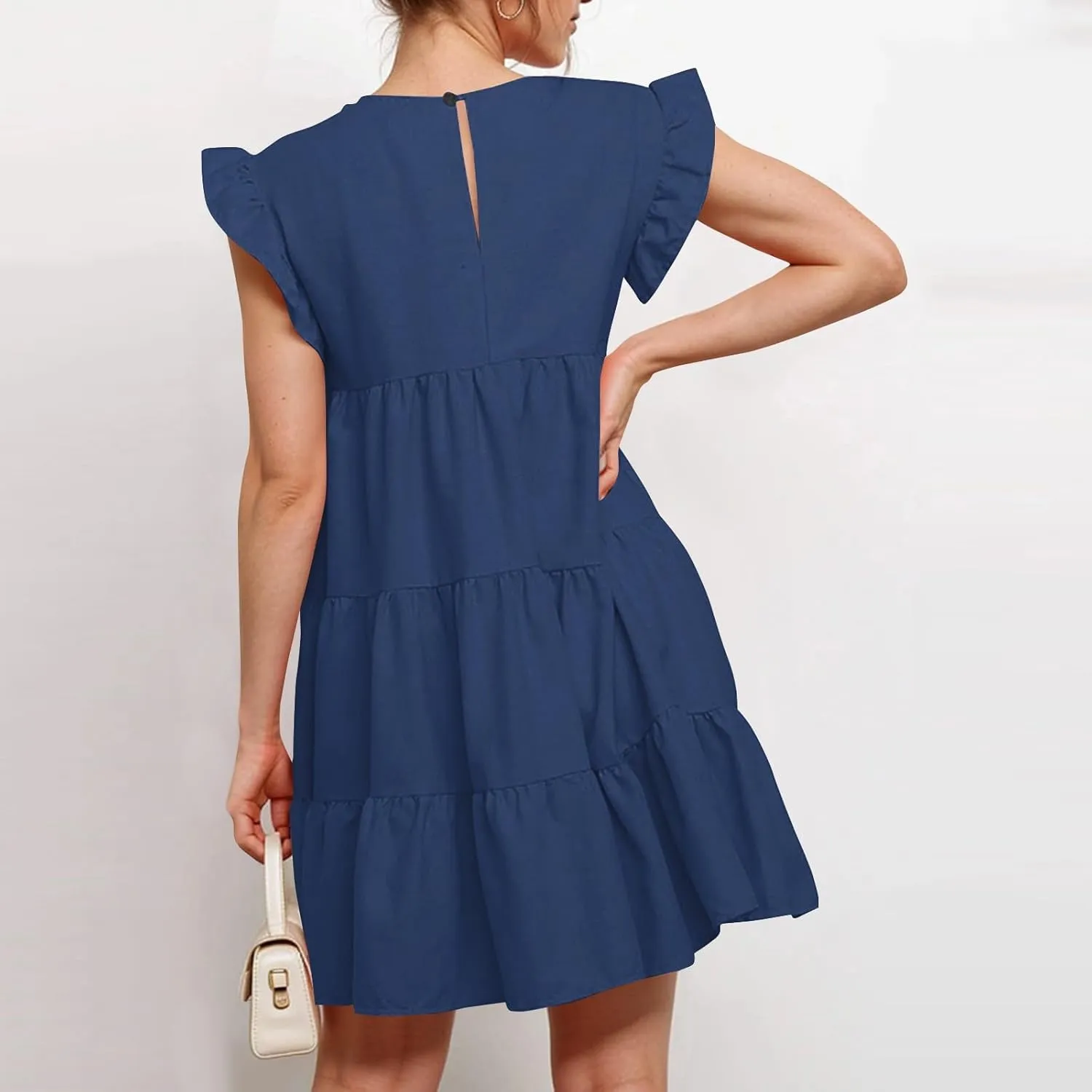 Women's Short Dresses Summer Round Neck Ruffle Sleeve Solid Color Beach Flowy Short Tunic Mini Dress Casual, S-2XL