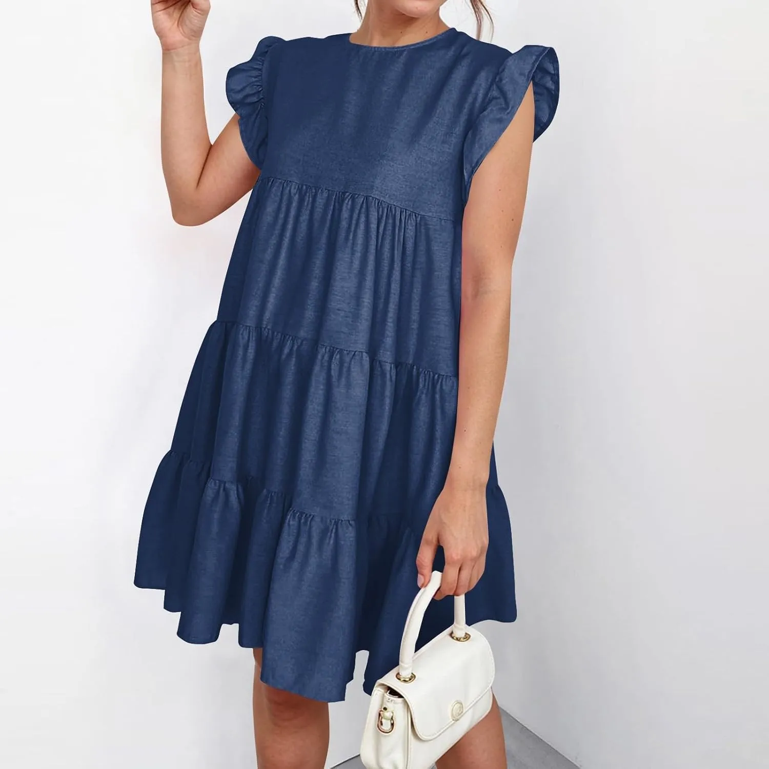 Women's Short Dresses Summer Round Neck Ruffle Sleeve Solid Color Beach Flowy Short Tunic Mini Dress Casual, S-2XL