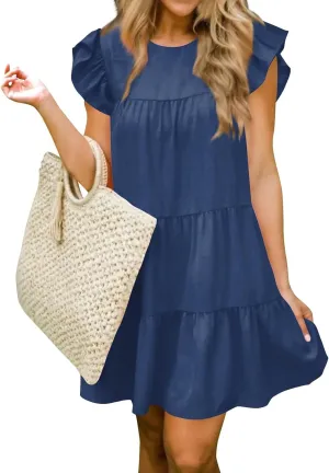 Women's Short Dresses Summer Round Neck Ruffle Sleeve Solid Color Beach Flowy Short Tunic Mini Dress Casual, S-2XL