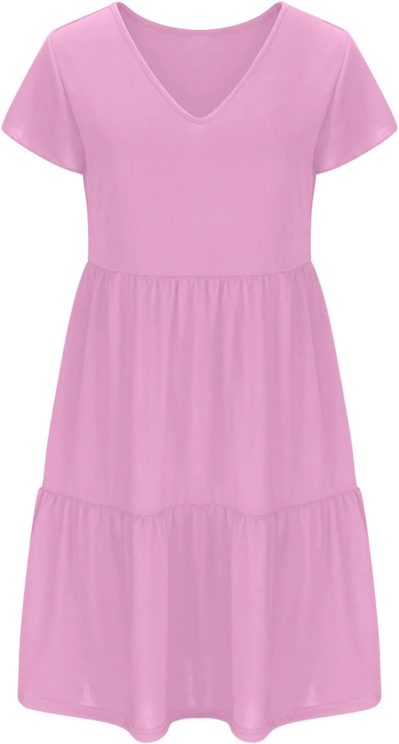 Womens Short Sleeve Casual Beach Dress Simple Solid Color Sundresses Loose Comfy Fashion Summer Dress