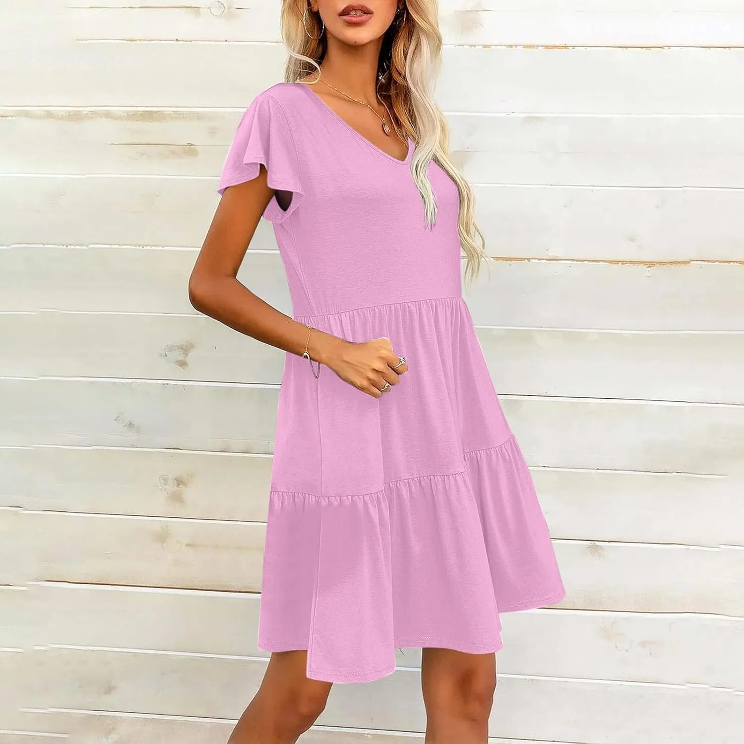 Womens Short Sleeve Casual Beach Dress Simple Solid Color Sundresses Loose Comfy Fashion Summer Dress