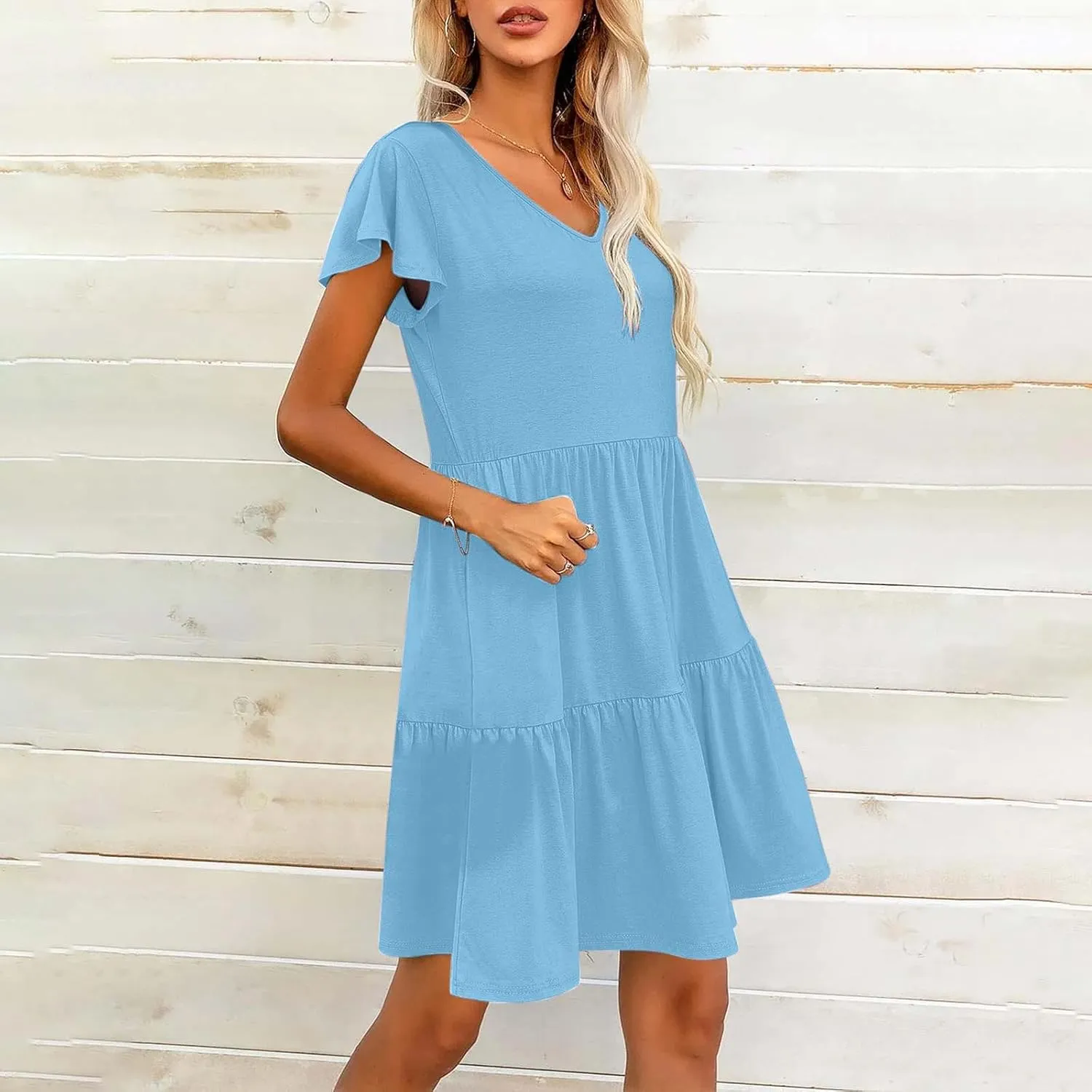 Womens Short Sleeve Casual Beach Dress Simple Solid Color Sundresses Loose Comfy Fashion Summer Dress