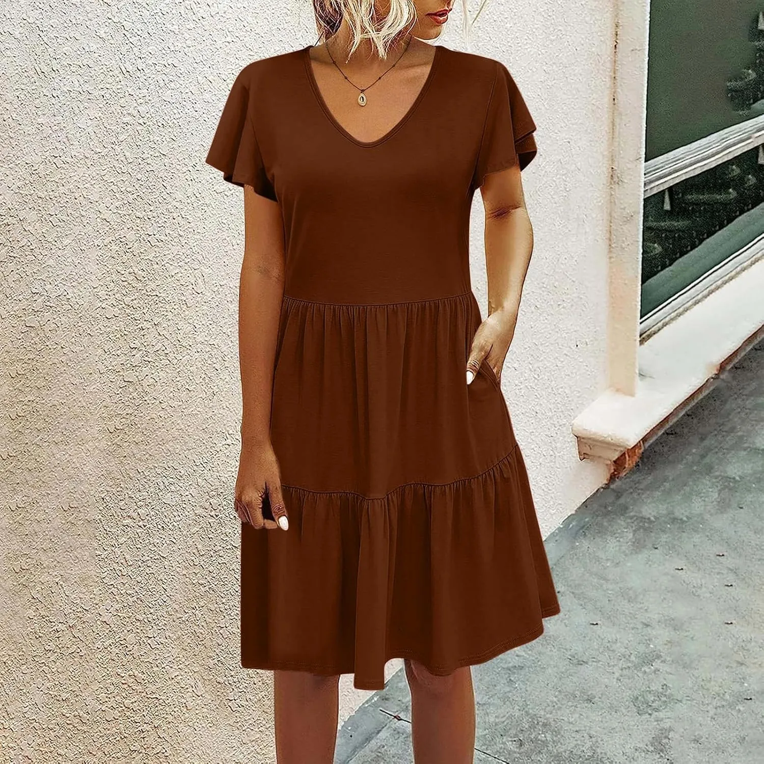 Womens Short Sleeve Casual Beach Dress Simple Solid Color Sundresses Loose Comfy Fashion Summer Dress
