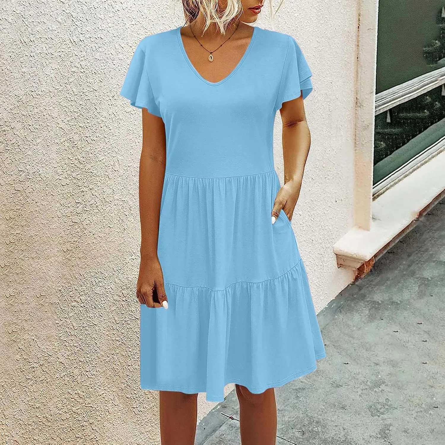Womens Short Sleeve Casual Beach Dress Simple Solid Color Sundresses Loose Comfy Fashion Summer Dress