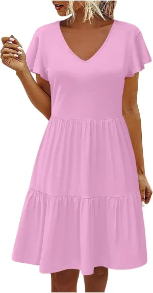 Womens Short Sleeve Casual Beach Dress Simple Solid Color Sundresses Loose Comfy Fashion Summer Dress