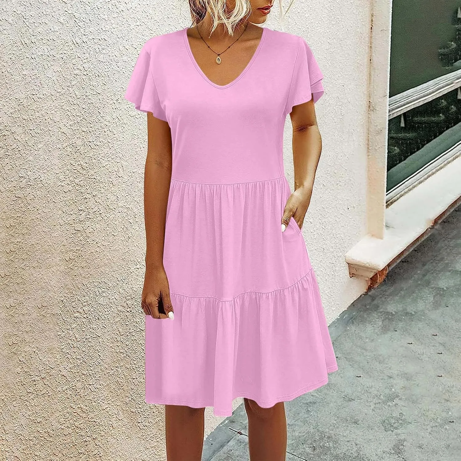 Womens Short Sleeve Casual Beach Dress Simple Solid Color Sundresses Loose Comfy Fashion Summer Dress